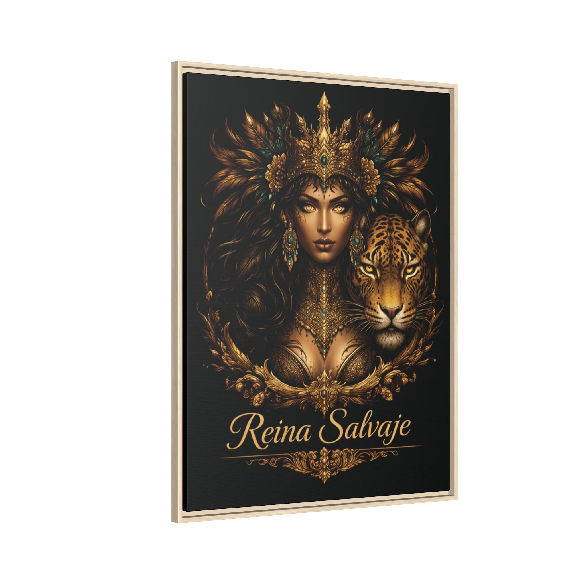 Reina Salvaje Matte Framed Canvas Art — Golden Goddess & Tiger Wall Decor