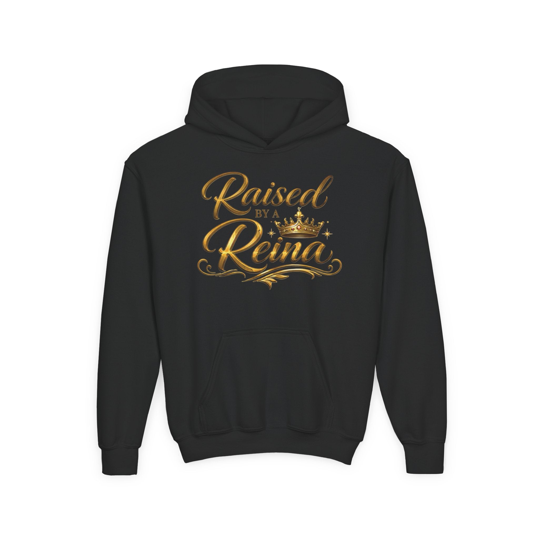Raised by a Reina Hoodie | Gold Script Crown Youth Hoodie