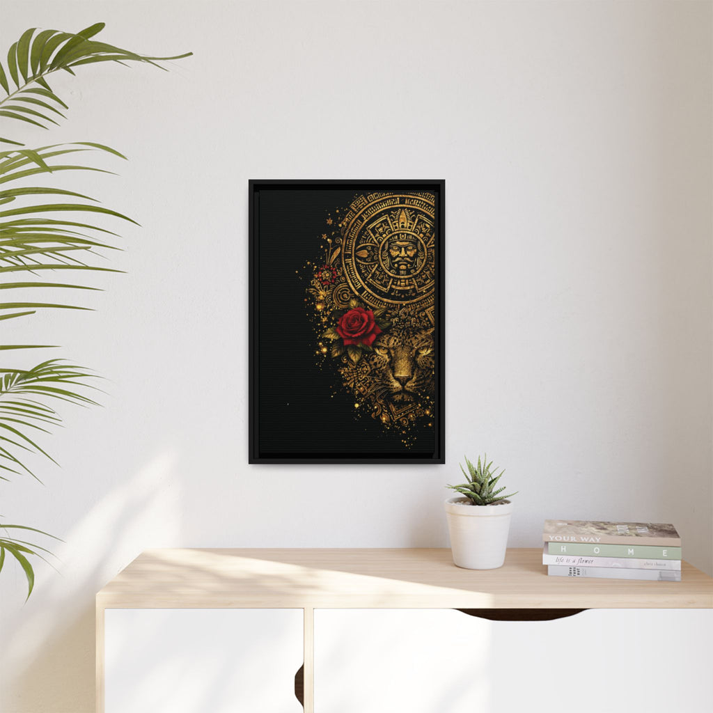 Reina Azteca Art Print — Framed Matte Canvas with Red Rose