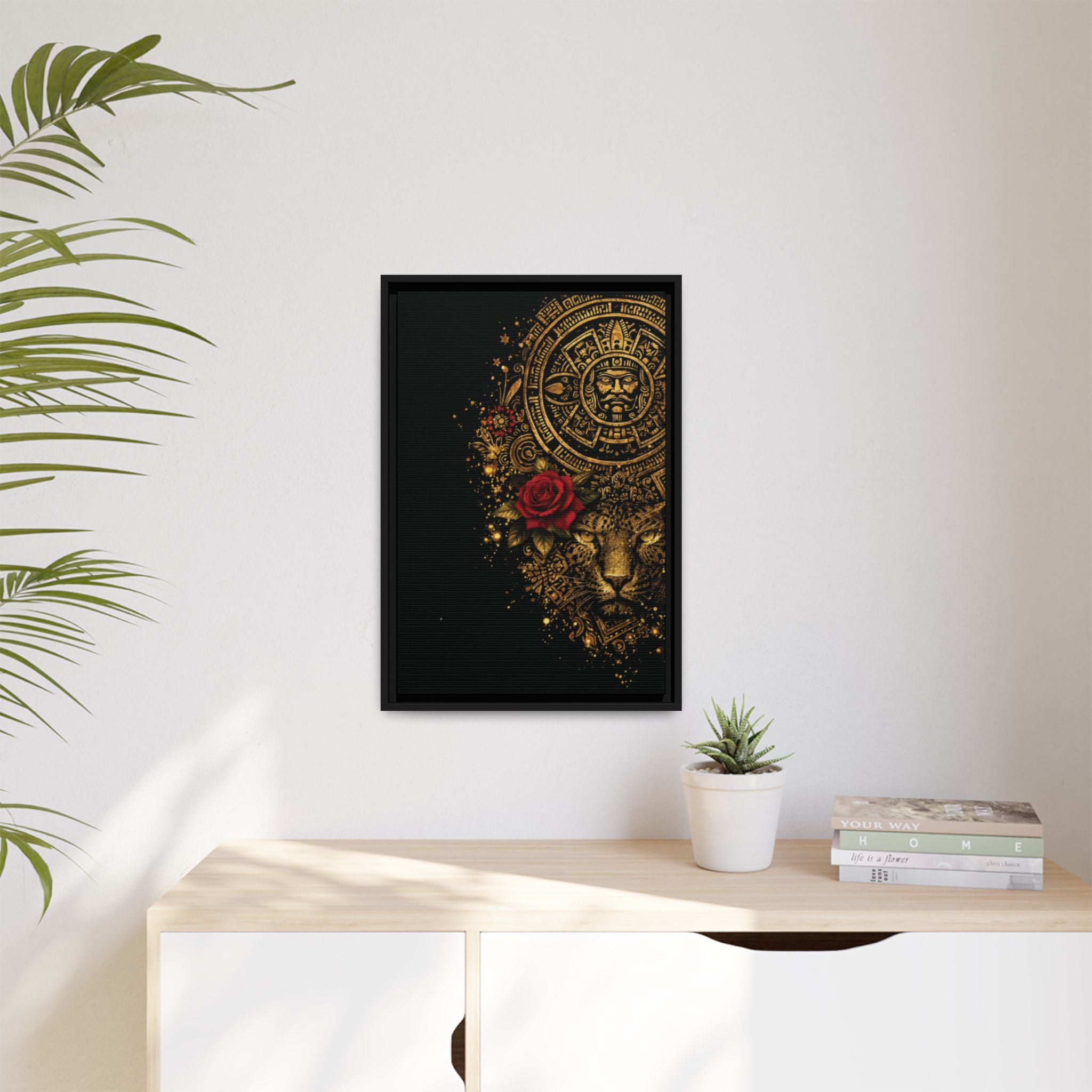 Reina Azteca Art Print — Framed Matte Canvas with Red Rose