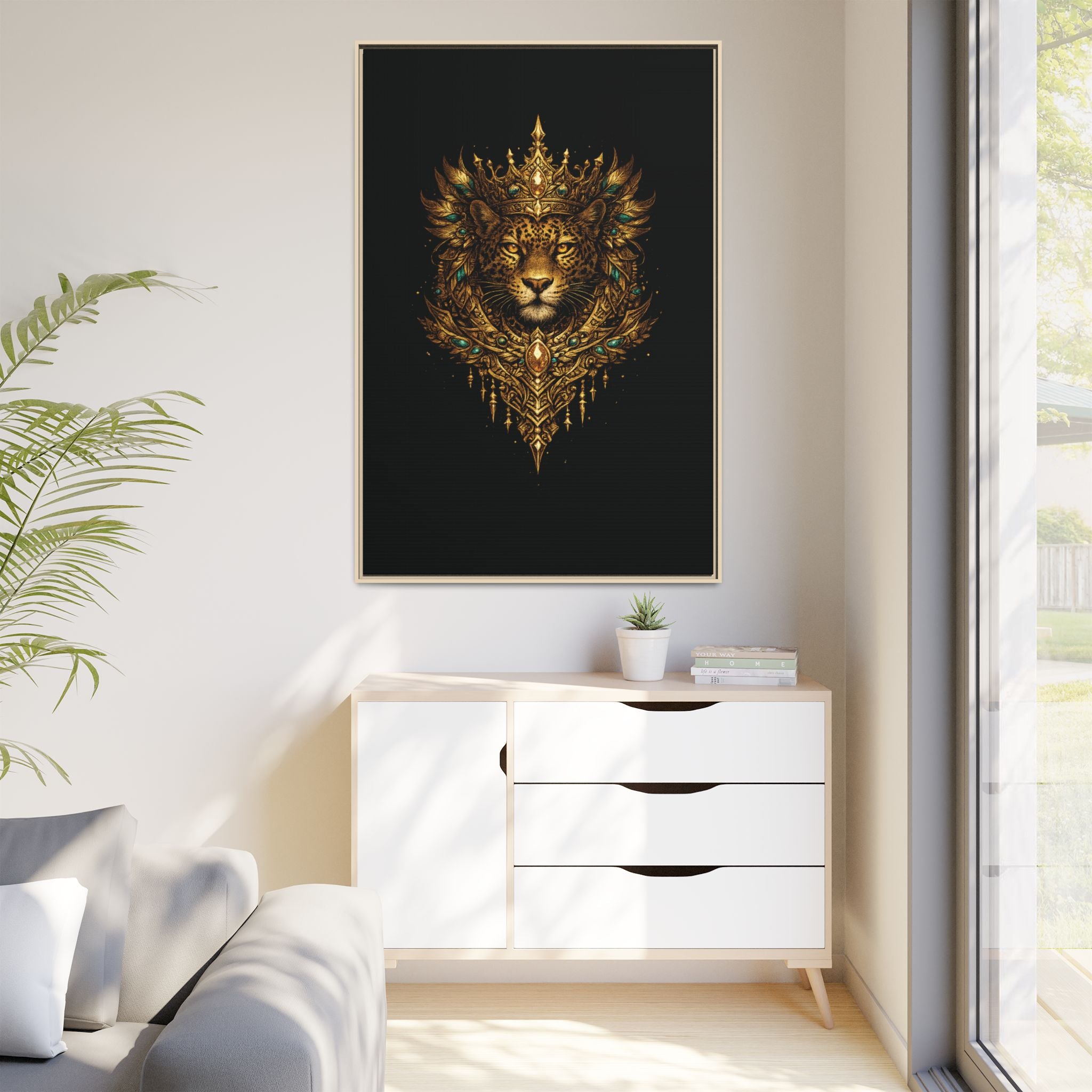 Golden Crowned Jaguar Canvas Art — Gold Crowned Lion Matte Framed Print