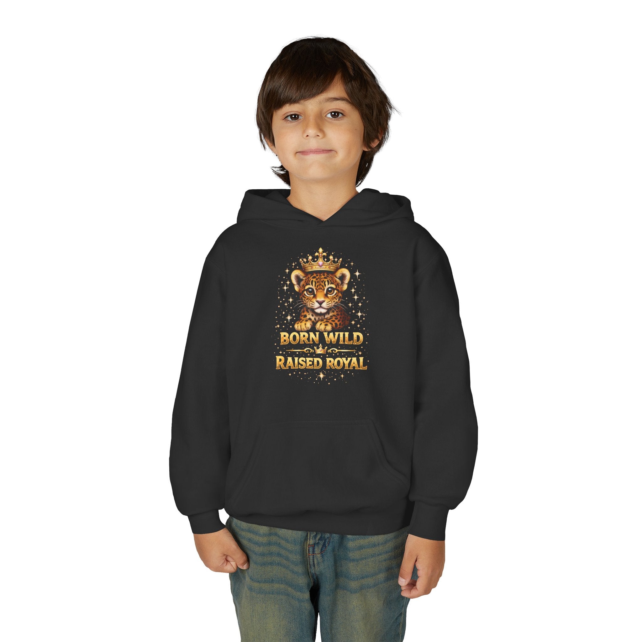 Youth Hoodie — 'Born Wild Raised Royal' Crowned Jaguar Graphic