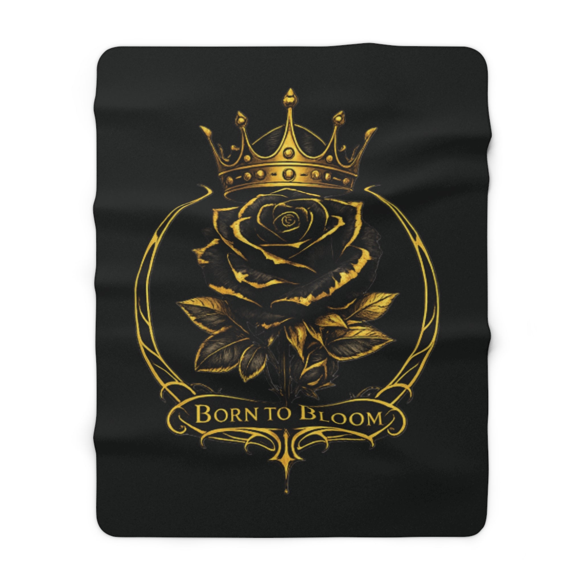 Born to Bloom Rose Crown Sherpa Fleece Blanket | Gold Floral Emblem