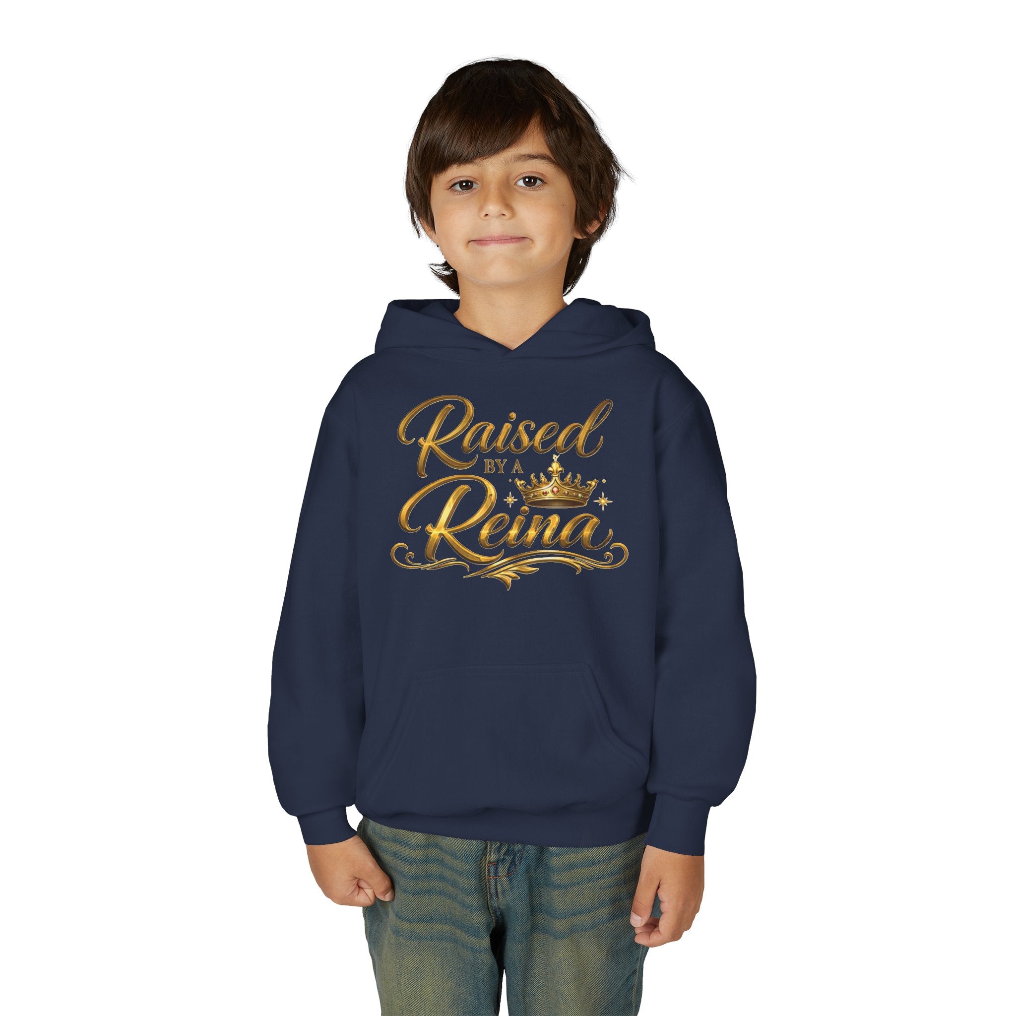 Youth Hoodie — "Raised by a Reina" Gold Script Kids Sweatshirt