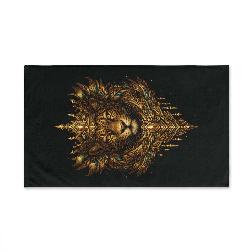 Regal Jaguar Hand Towel — Ornate Gold Lioness Crown Design