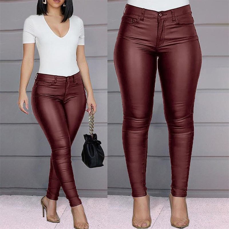 Dressy High-Waisted Skinny PU Leather Pants for Women Solid Color Casual Long Pants Slim Fit Sexy Style