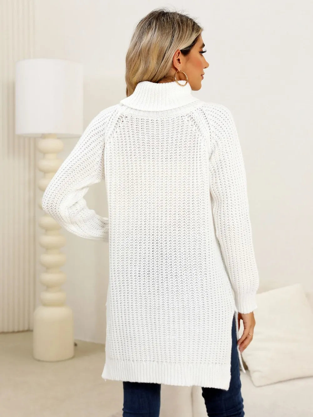 Slit Turtleneck Long-Sleeve Sweater
