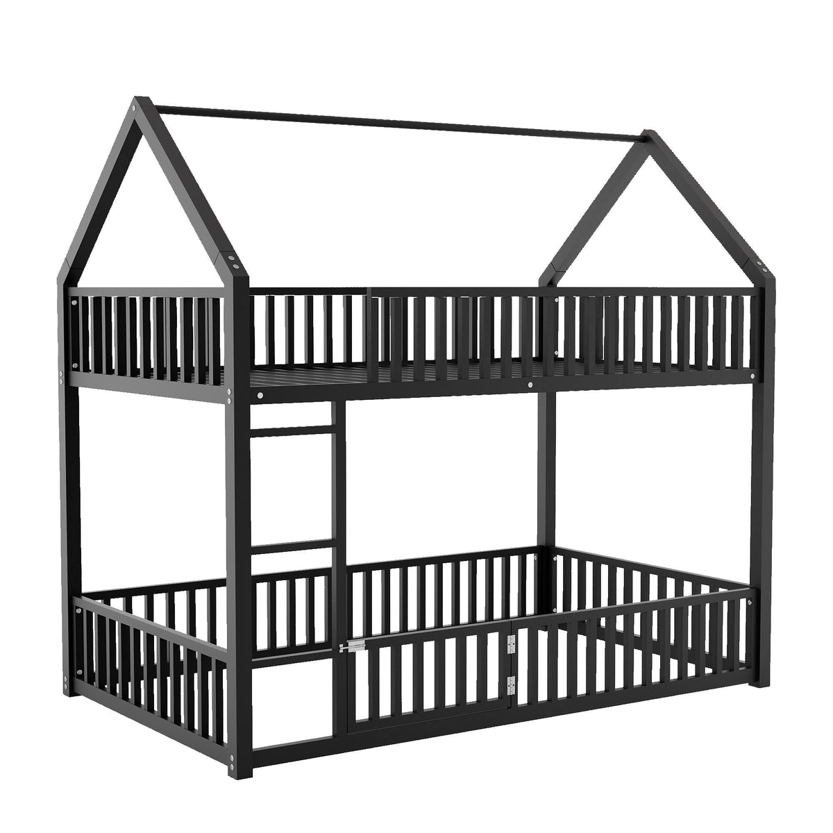 Metal House Bunk Bed with Fence and Door - Twin over Twin