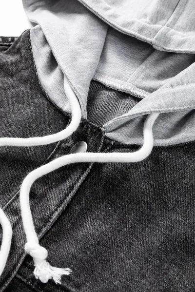 Distressed Drawstring Long Sleeve Hooded Denim Jacket for Women