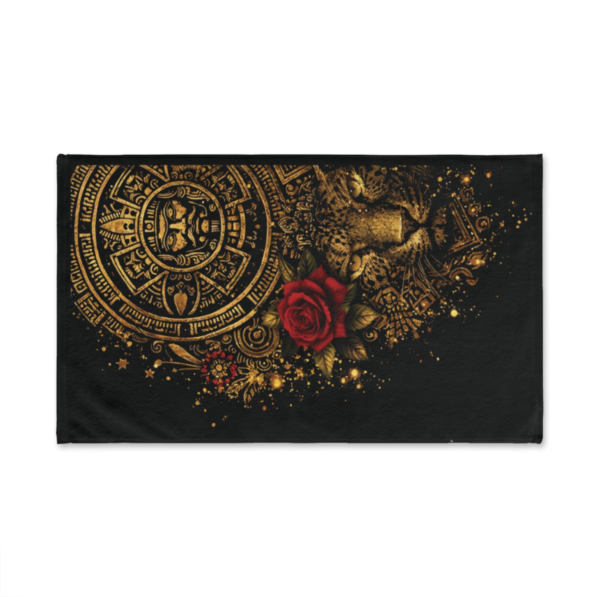 Reina Azteca Jaguar Hand Towel — Gold Calendar & Red Rose Decorative Towel