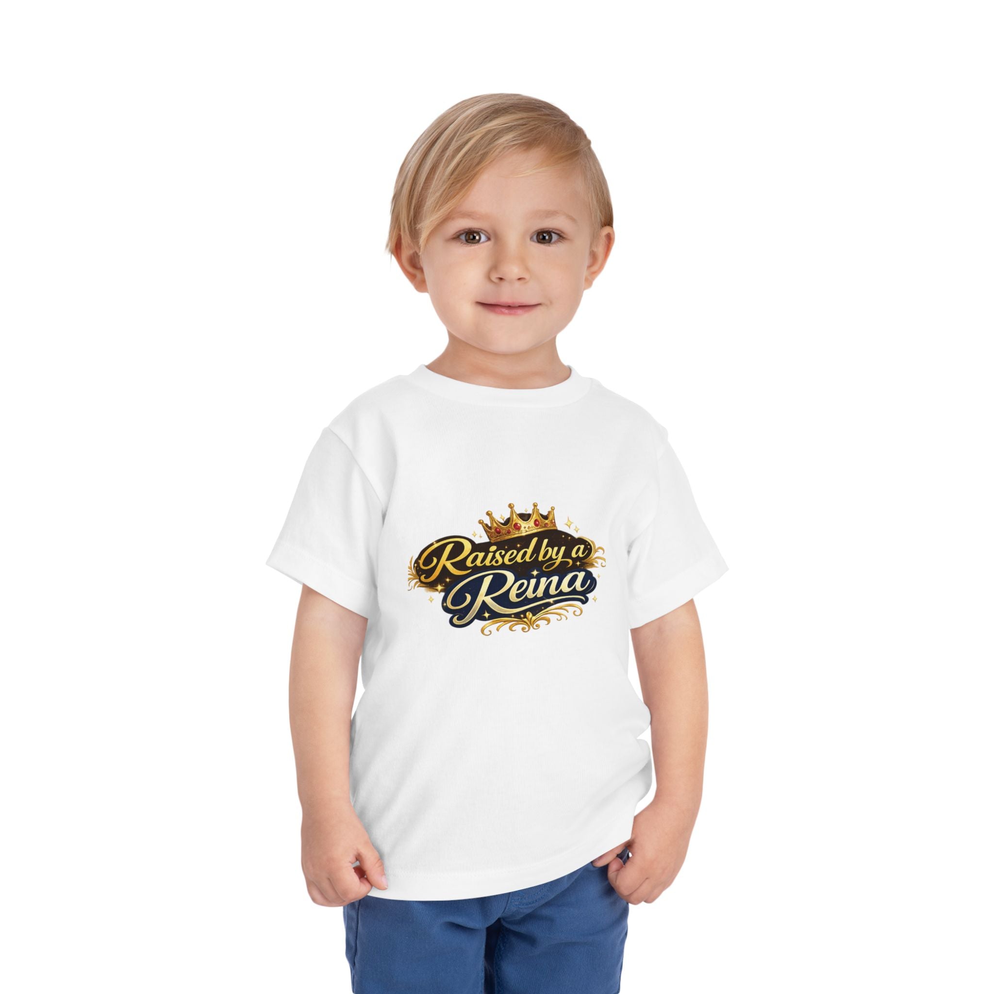 Toddler Tee – "Raised by a Reina" Gold Crown Design