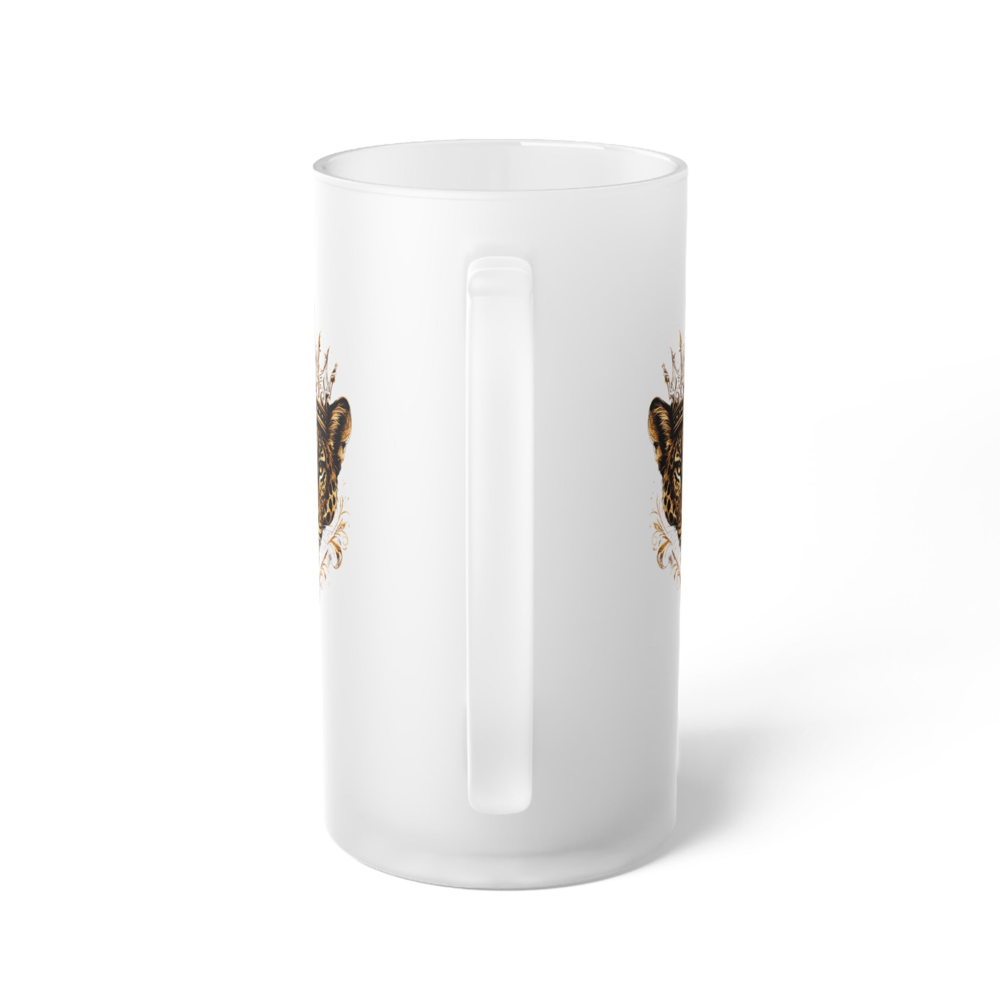 Frosted Glass Beer Mug — Regal Jaguar Crown Design