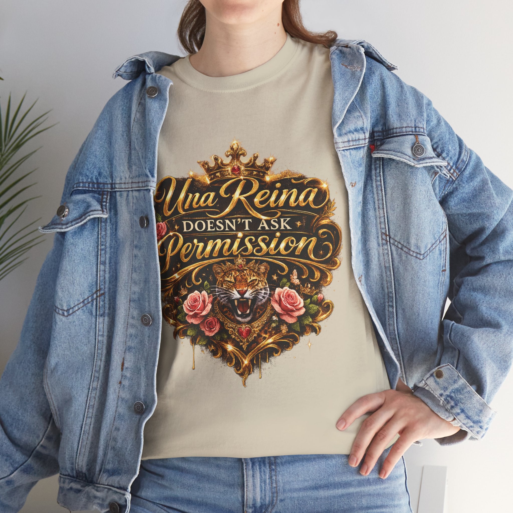 Queen Graphic Tee — "Una Reina Doesn't Ask Permission" Crown & Roses Shirt