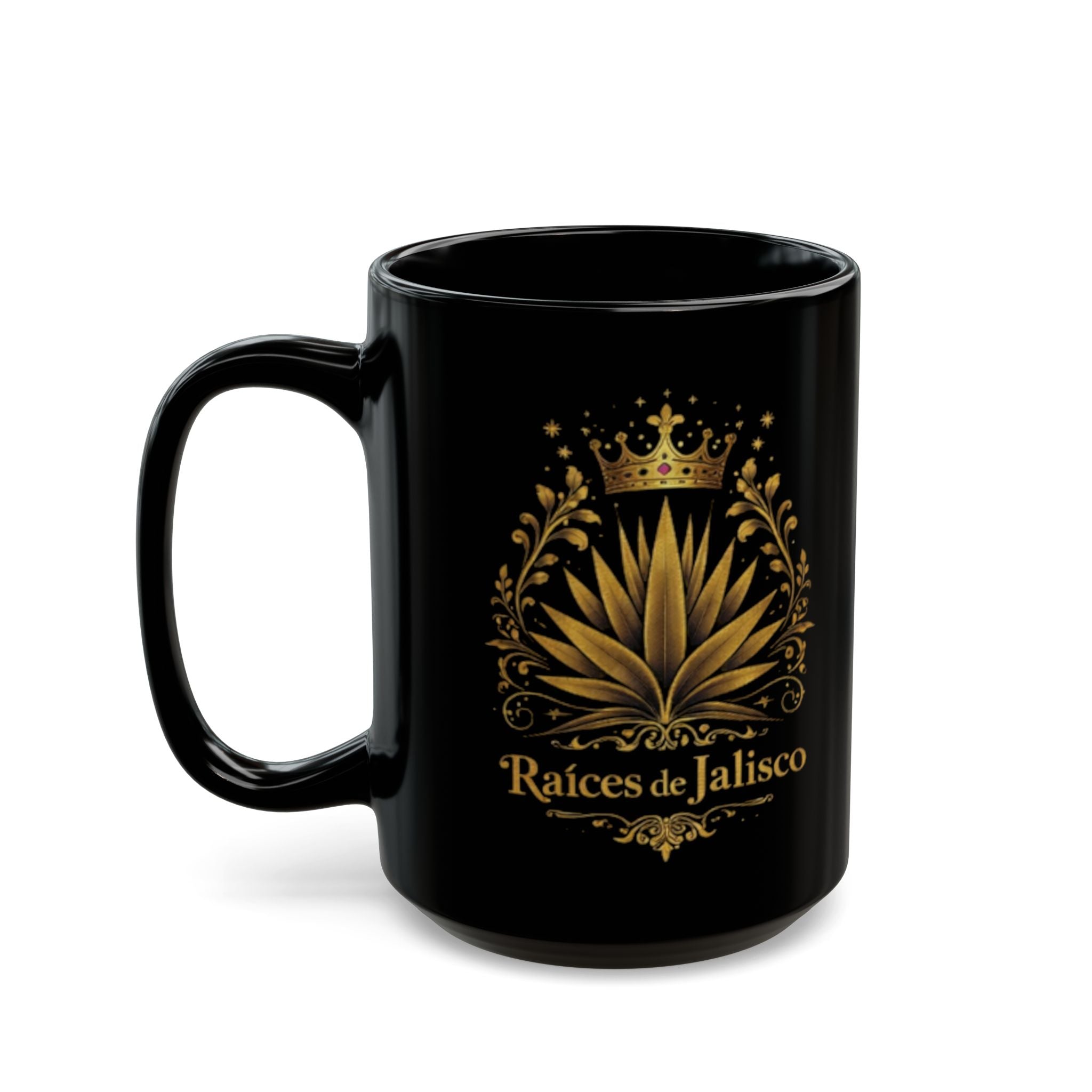 Raíces de Jalisco Black Mug – Gold Agave Crown Coffee Cup (11oz, 15oz)