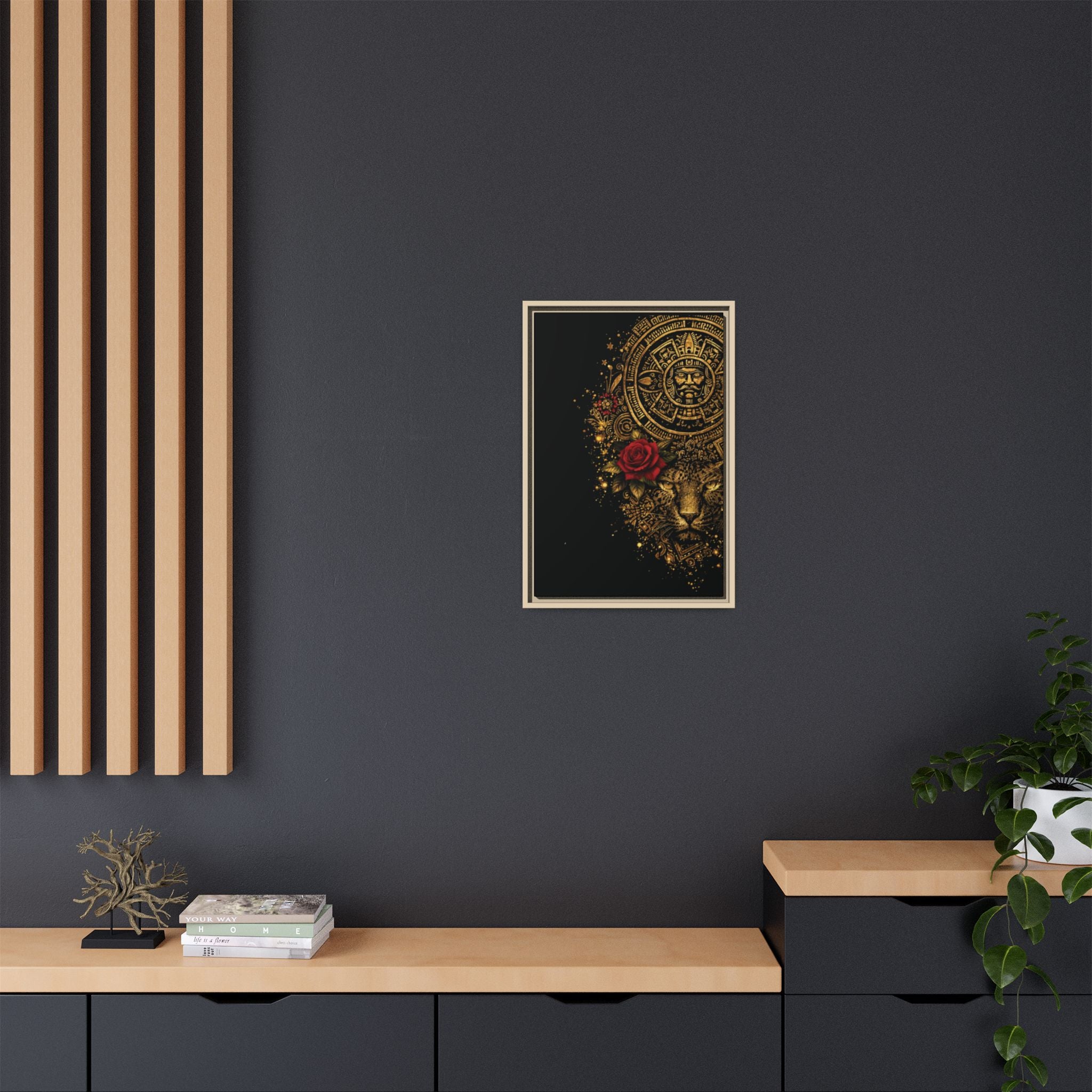 Reina Azteca Art Print — Framed Matte Canvas with Red Rose