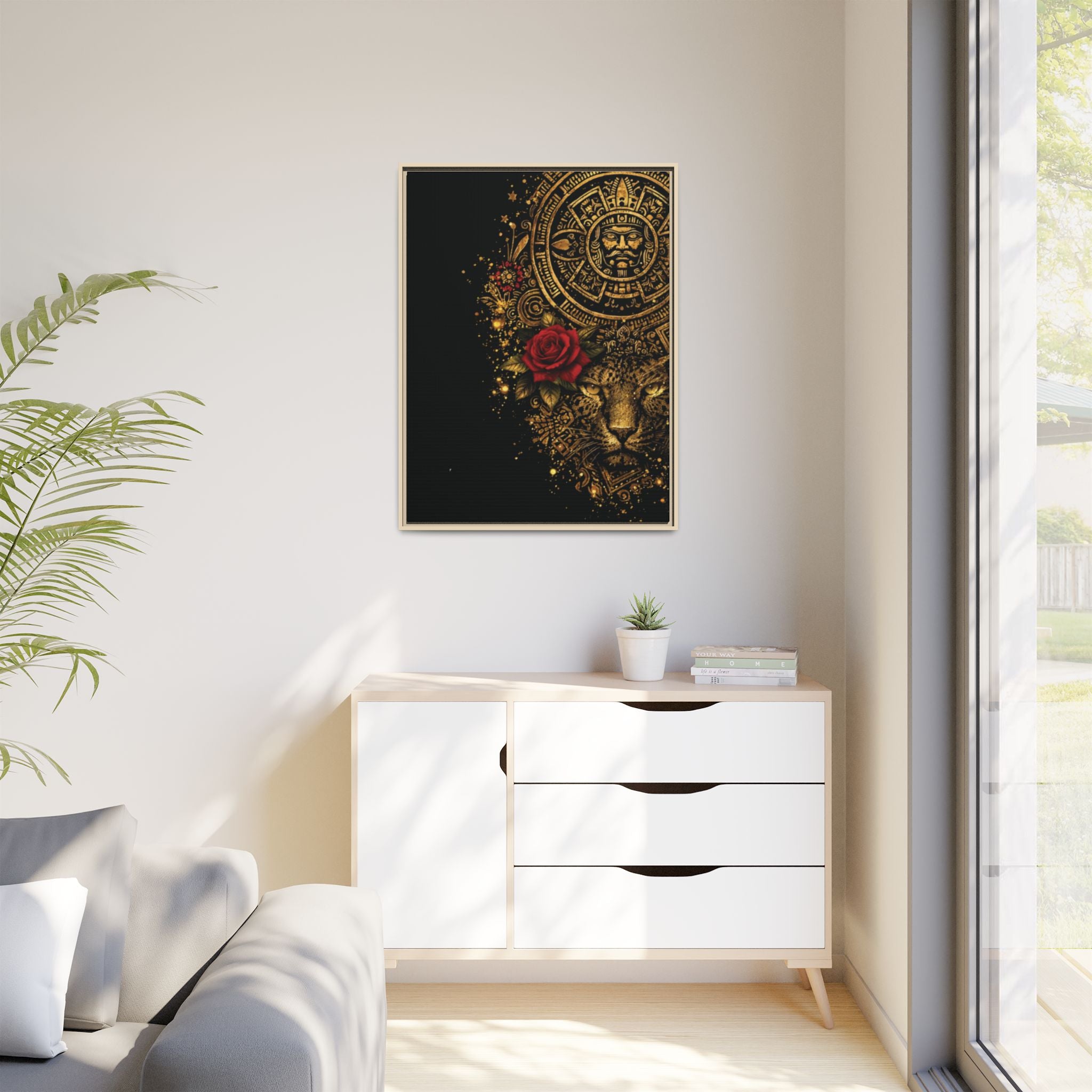 Reina Azteca Art Print — Framed Matte Canvas with Red Rose
