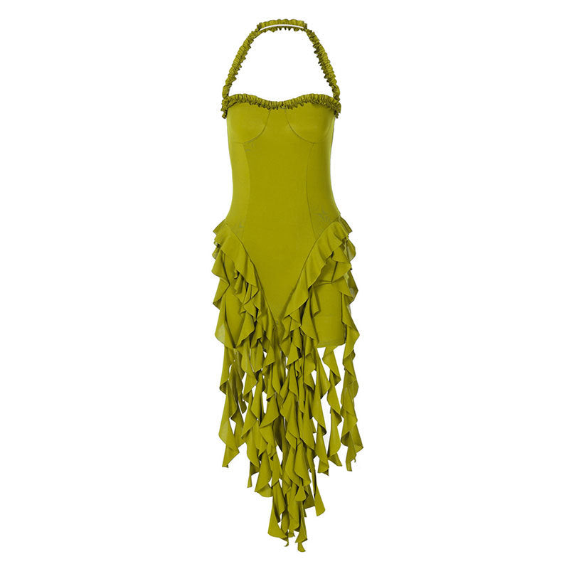 Sexy Strapless Tassel Halter Bodycon Dress for Women