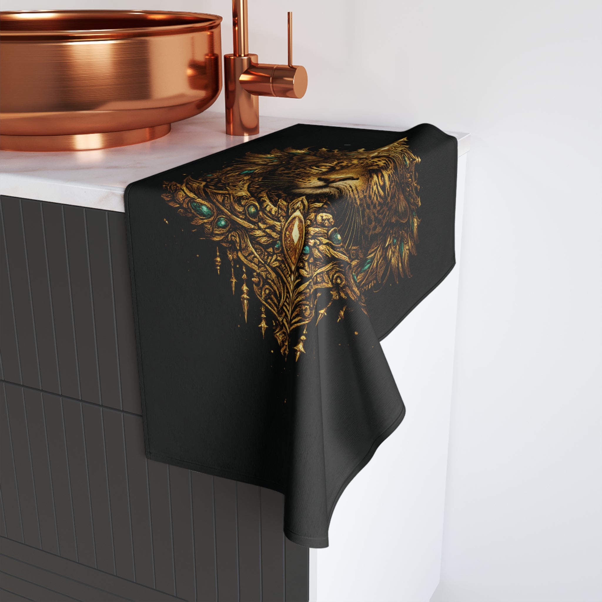 Regal Jaguar Hand Towel — Ornate Gold Lioness Crown Design