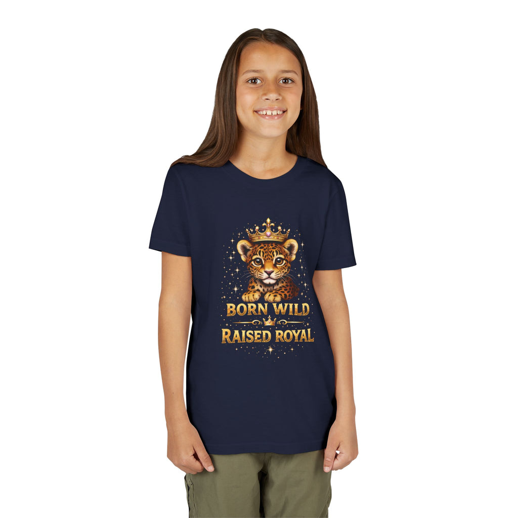 Youth Tee — "Born Wild Raised Royal" Crowned Jaguar Cub Kids T-Shirt