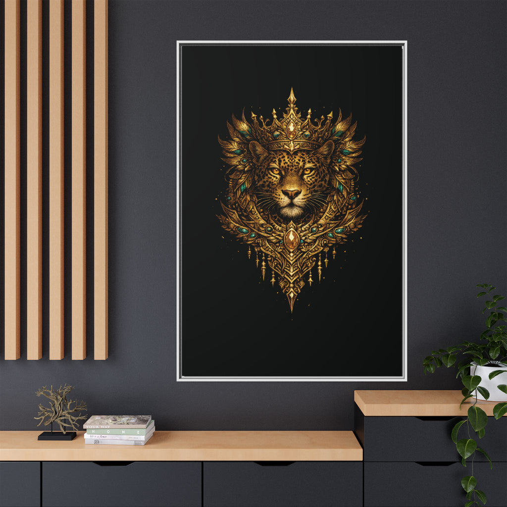 Golden Crowned Jaguar Canvas Art — Gold Crowned Lion Matte Framed Print