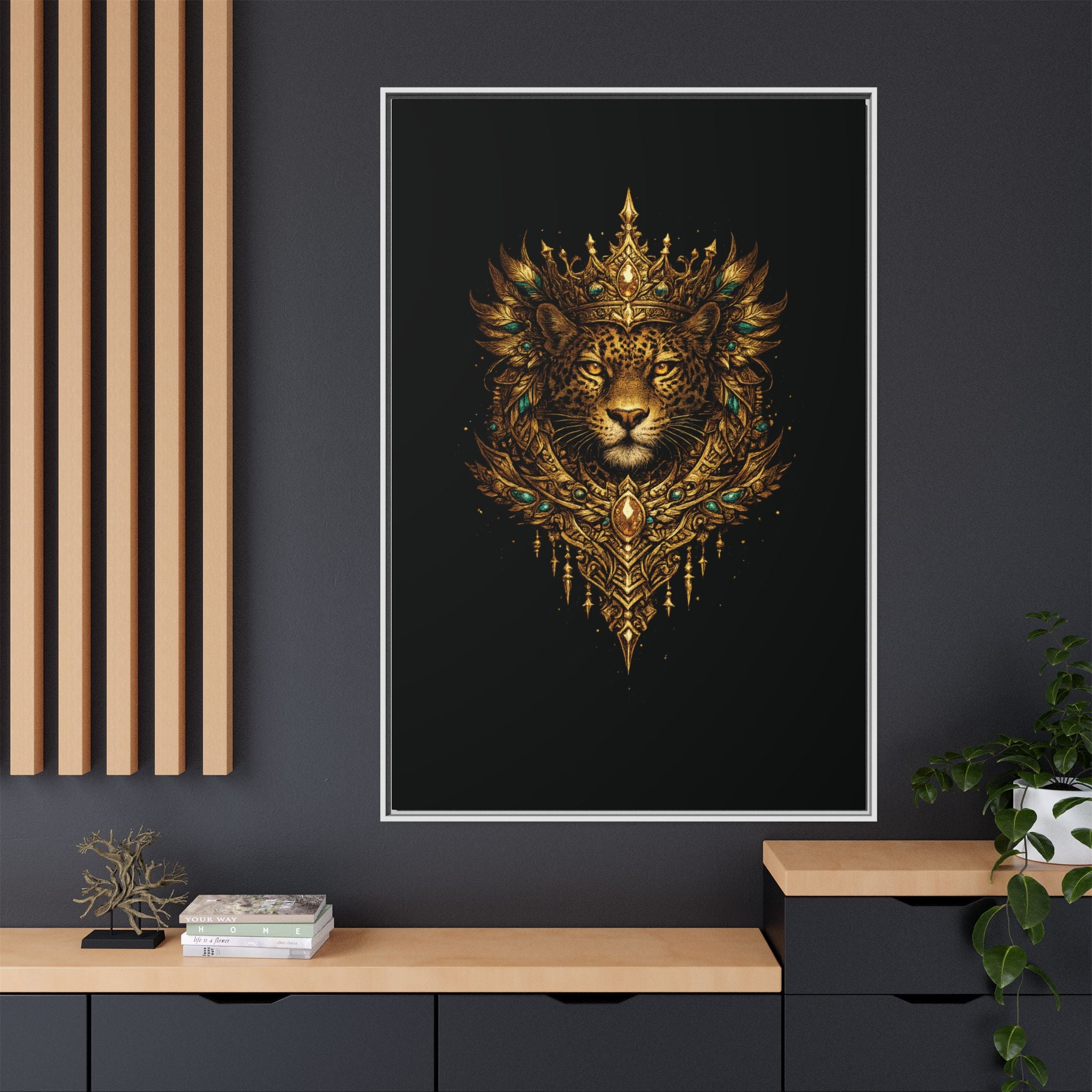Golden Crowned Jaguar Canvas Art — Gold Crowned Lion Matte Framed Print