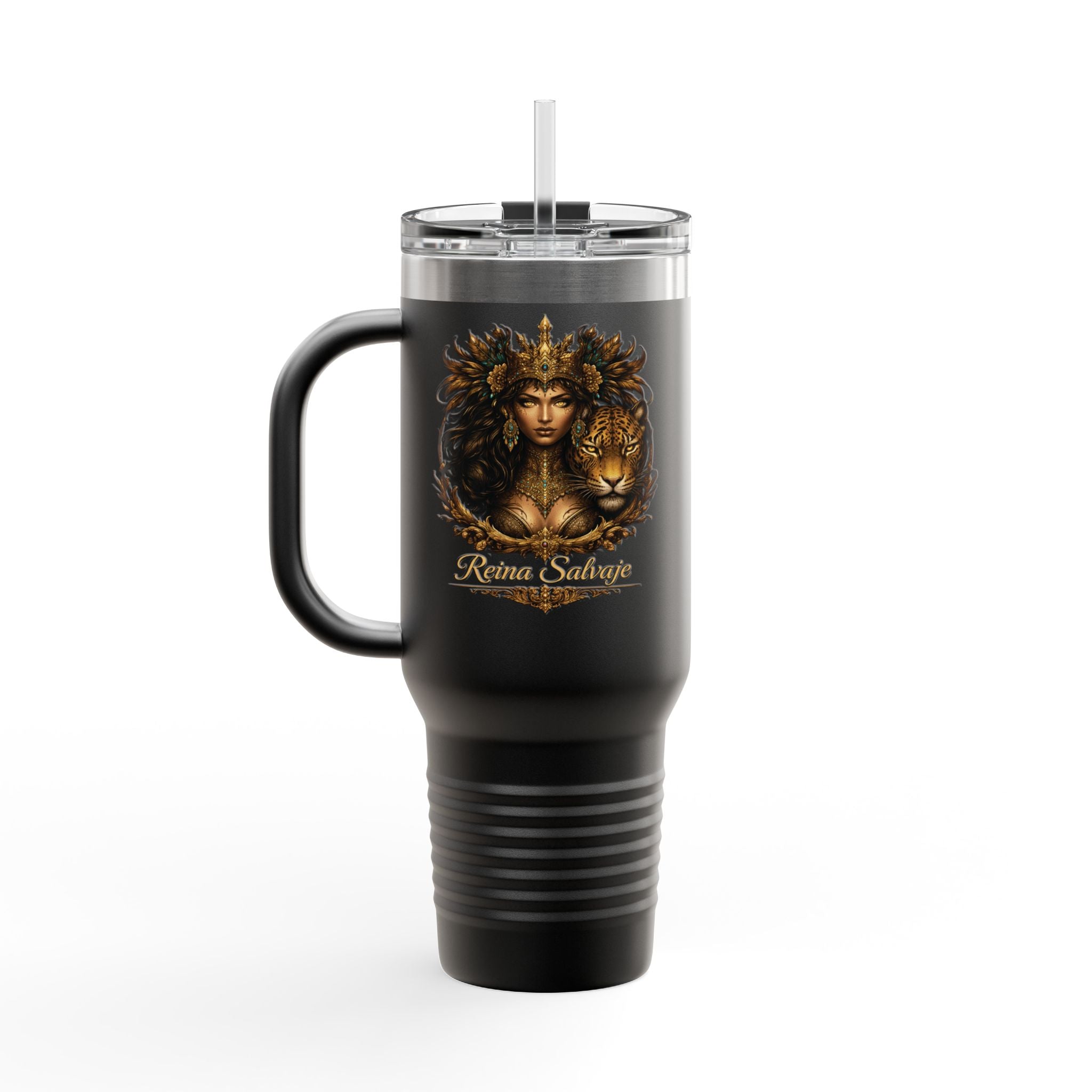 40oz Insulated Travel Mug — Reina Salvaje – Jaguar Queen, Custom Name Option
