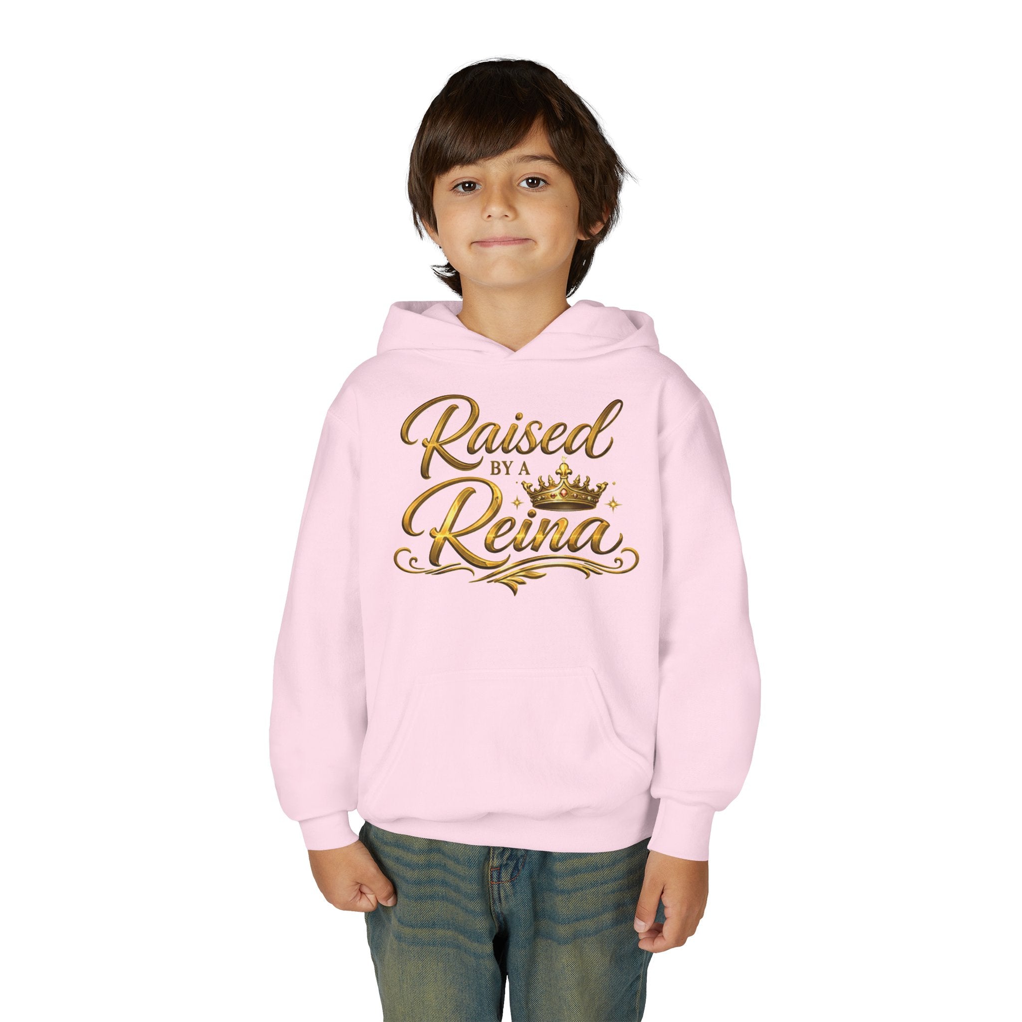 Raised by a Reina Hoodie | Gold Script Crown Youth Hoodie
