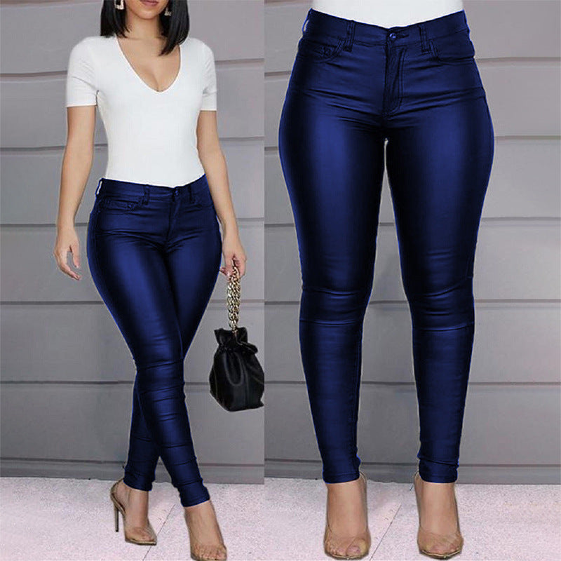 Dressy High-Waisted Skinny PU Leather Pants for Women Solid Color Casual Long Pants Slim Fit Sexy Style