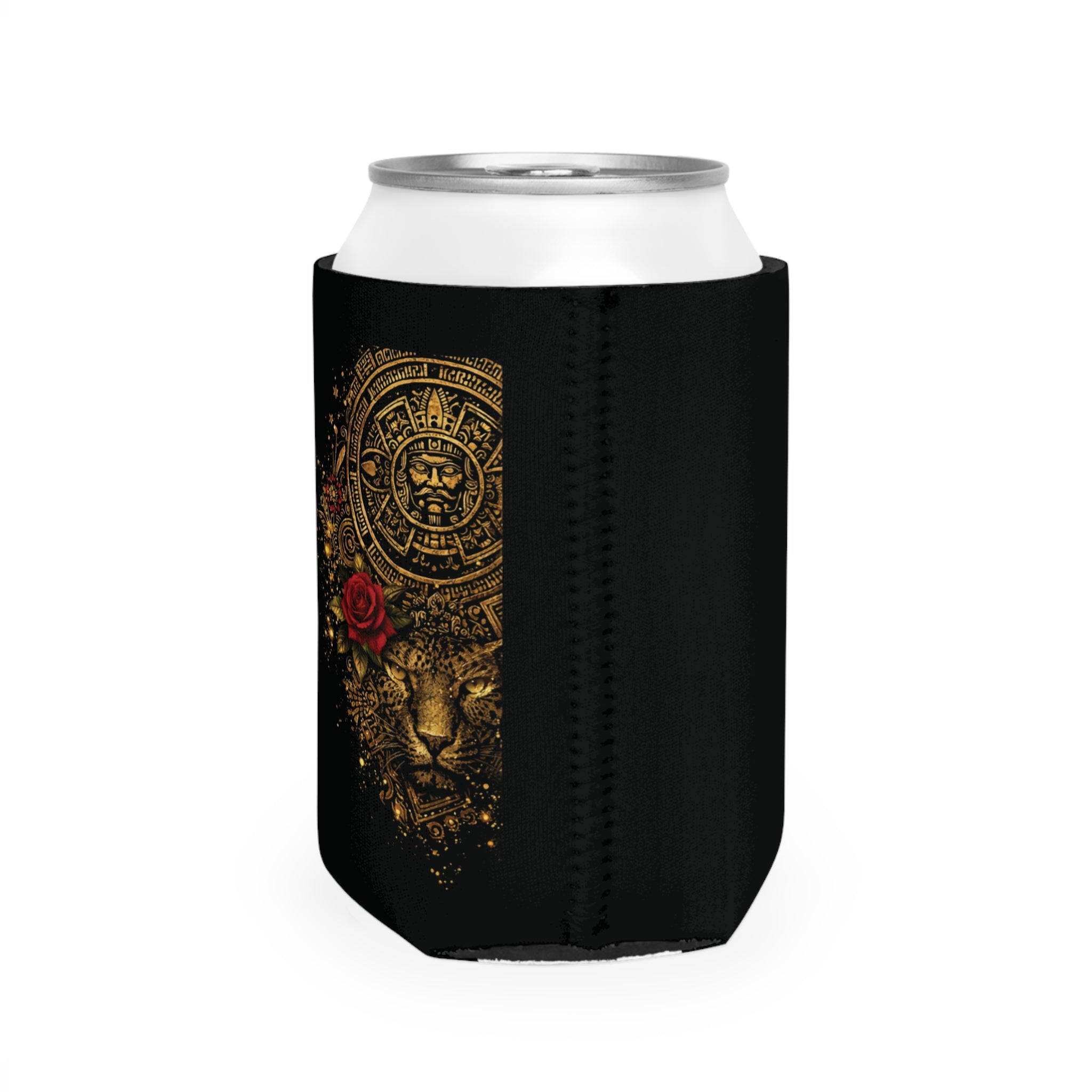 Can Cooler Sleeve — Gold Aztec Jaguar with Rose Can Cooler