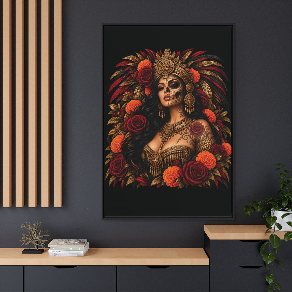 Reina Azteca: Entre Rosas y Cempasúchil | Framed Canvas Art