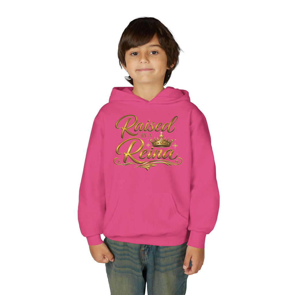 Youth Hoodie — "Raised by a Reina" Gold Script Kids Sweatshirt