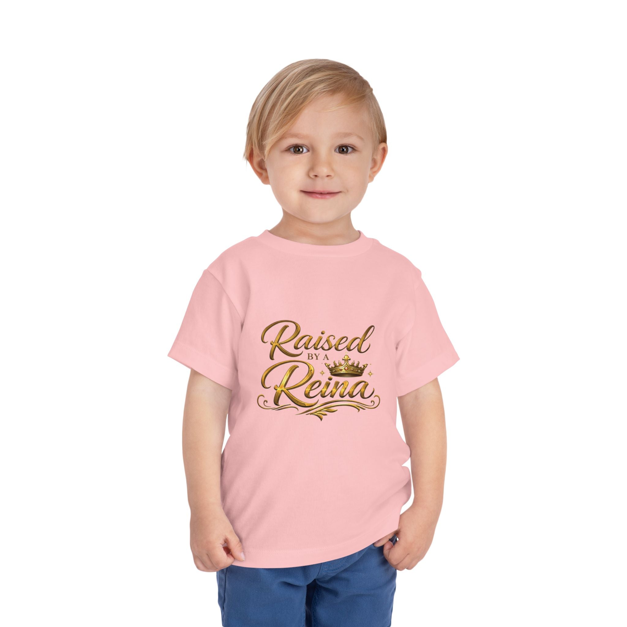 Raised by a Reina Toddler Tee — Gold Crown Princess Shirt for Little Girls