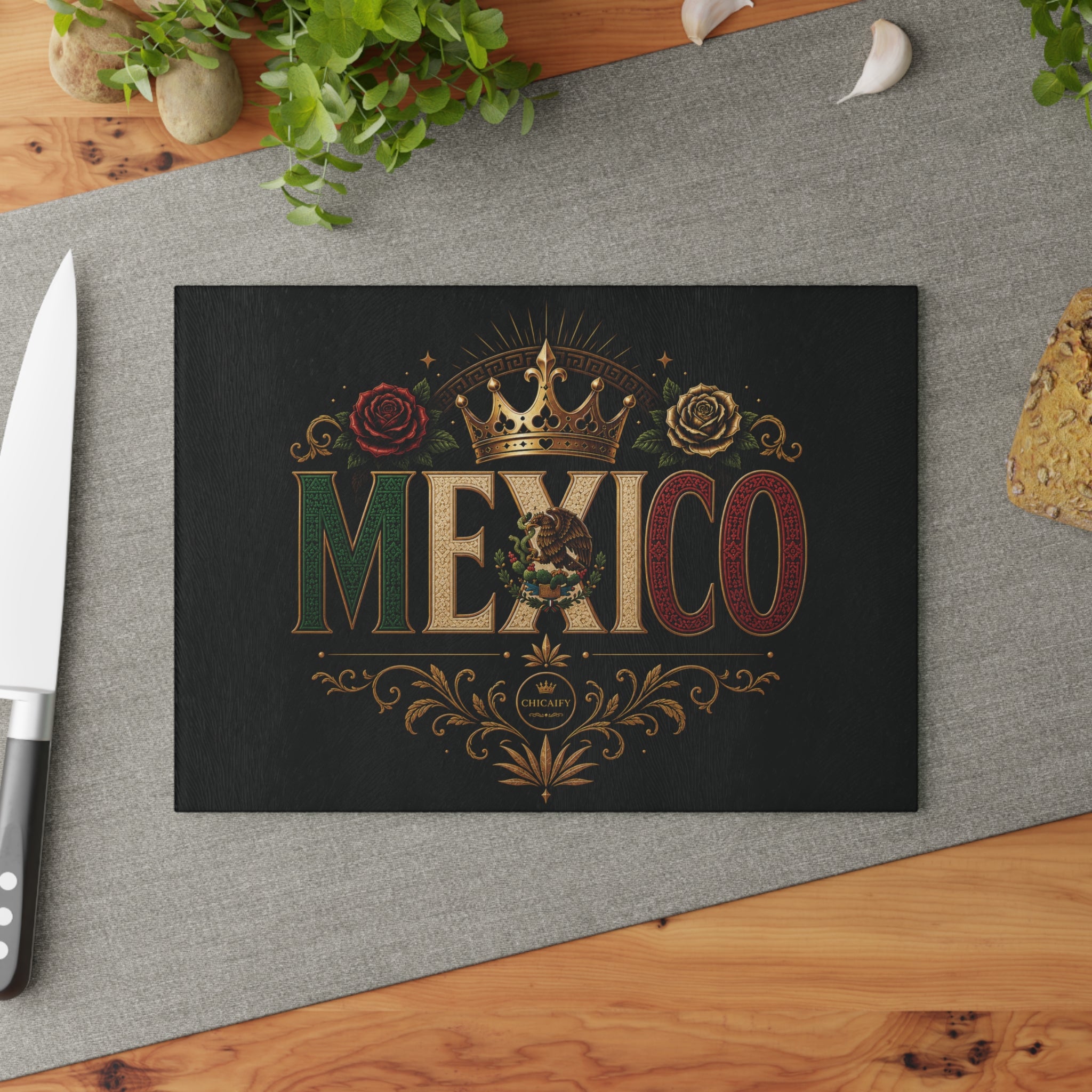 Orgullo Mexicano Glass Cutting Board — Mexican Flag Colors Decorative Kitchen Board