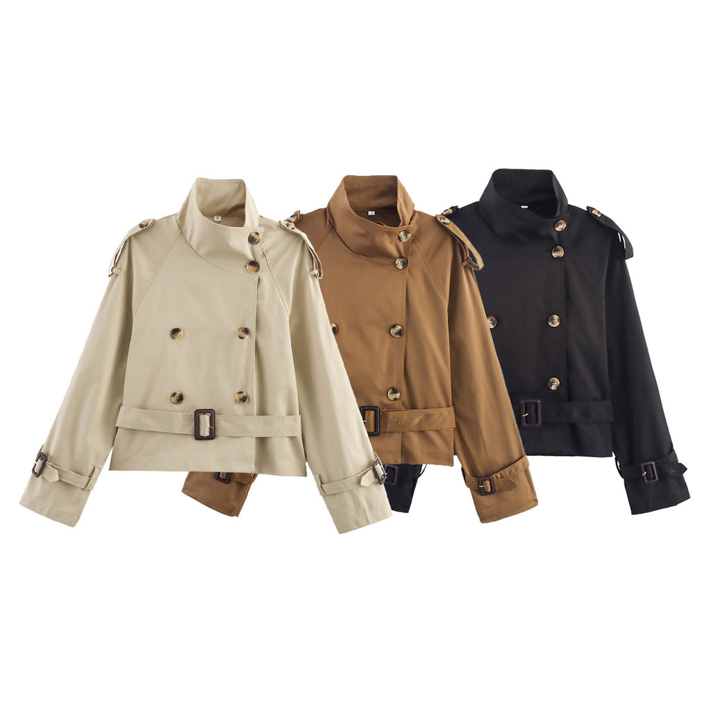 Short Trench Coat with Waist Buckle for Women