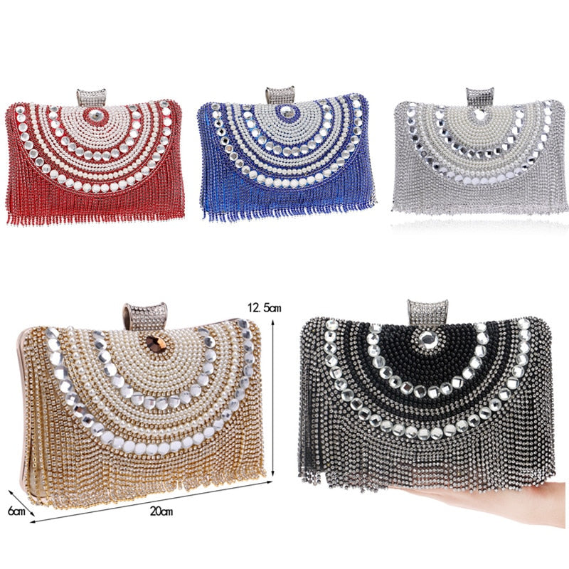 Rhinestones Tassel Clutch | Diamonds Beaded Metal Chain Shoulder Clutch