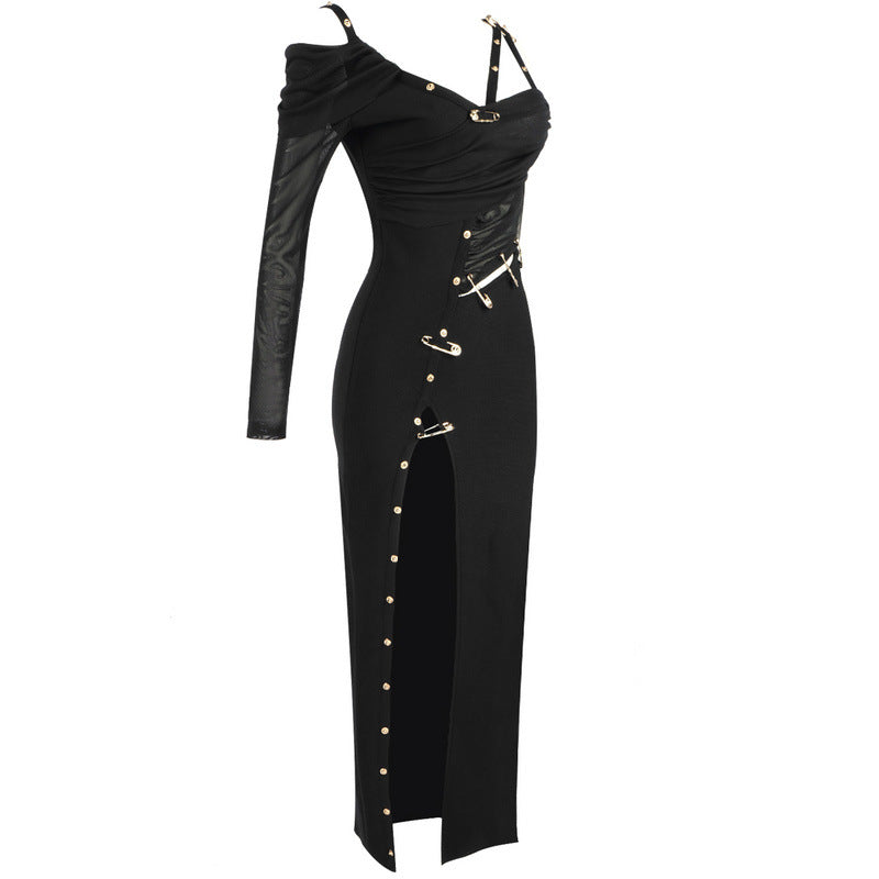 Metal Pin Cutout Bandage Midi Dress