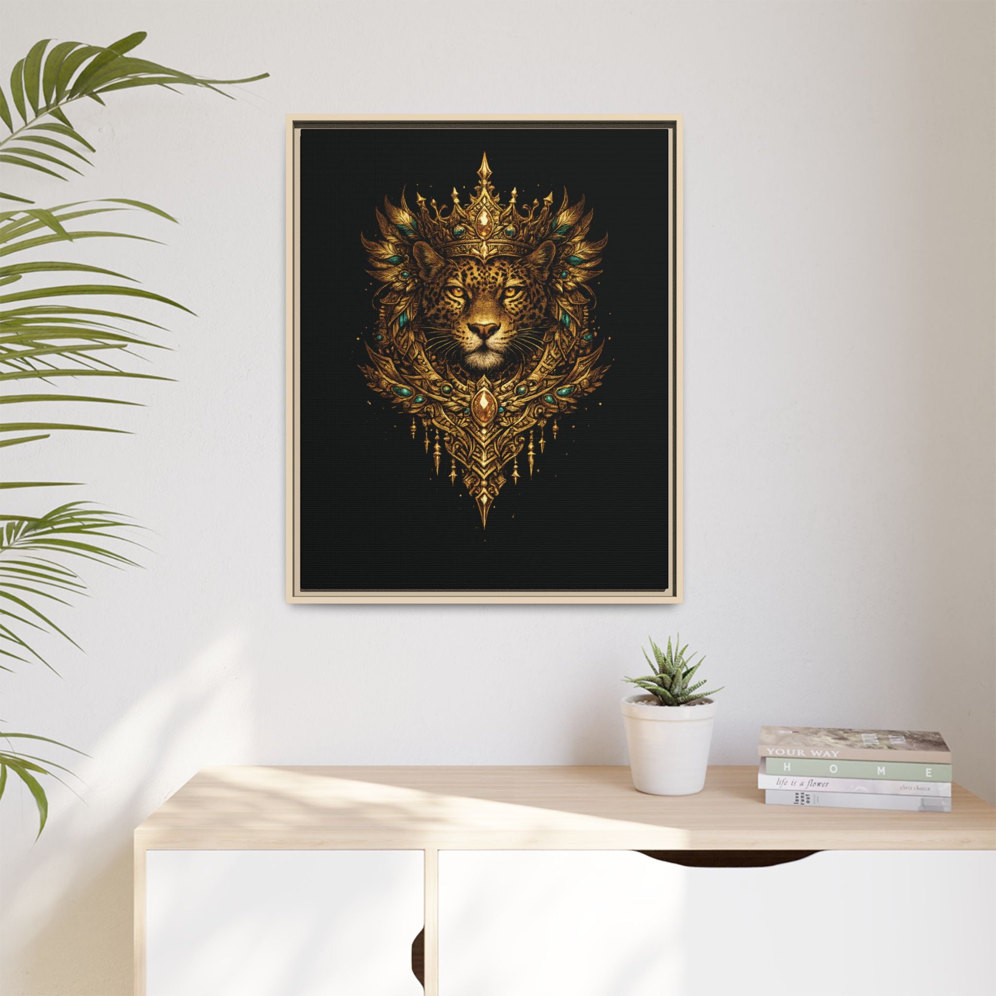 Golden Crowned Jaguar Canvas Art — Gold Crowned Lion Matte Framed Print