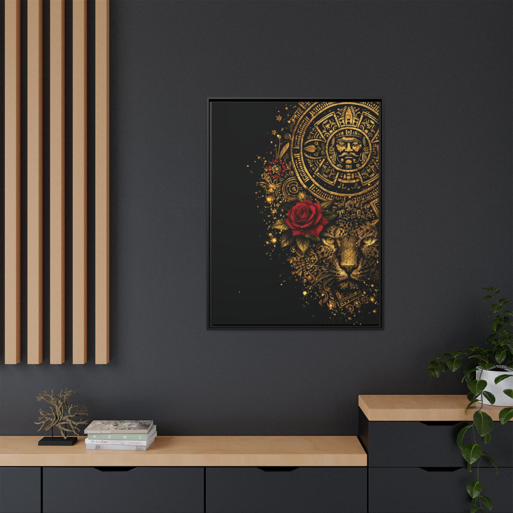 Reina Azteca Art Print — Framed Matte Canvas with Red Rose