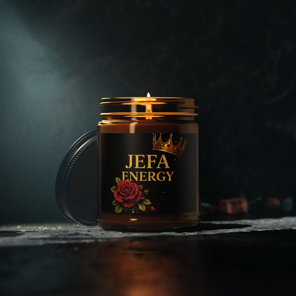 Jefa Energy Soy Candle — Amber Jar Scented Candle with Rose & Crown Design