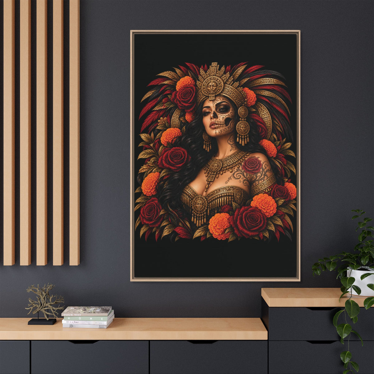 Reina Azteca: Entre Rosas y Cempasúchil | Framed Canvas Art