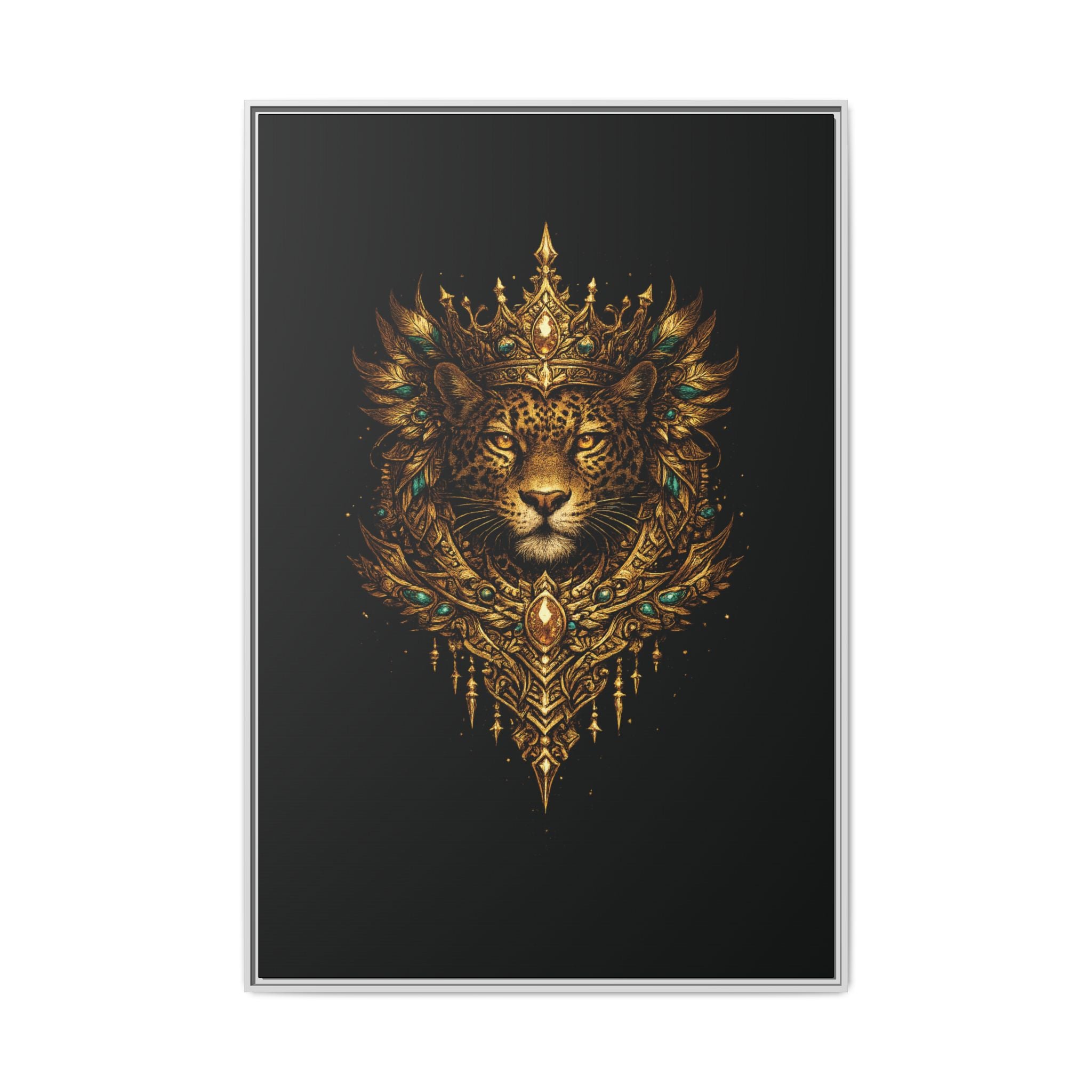 Golden Crowned Jaguar Canvas Art — Gold Crowned Lion Matte Framed Print