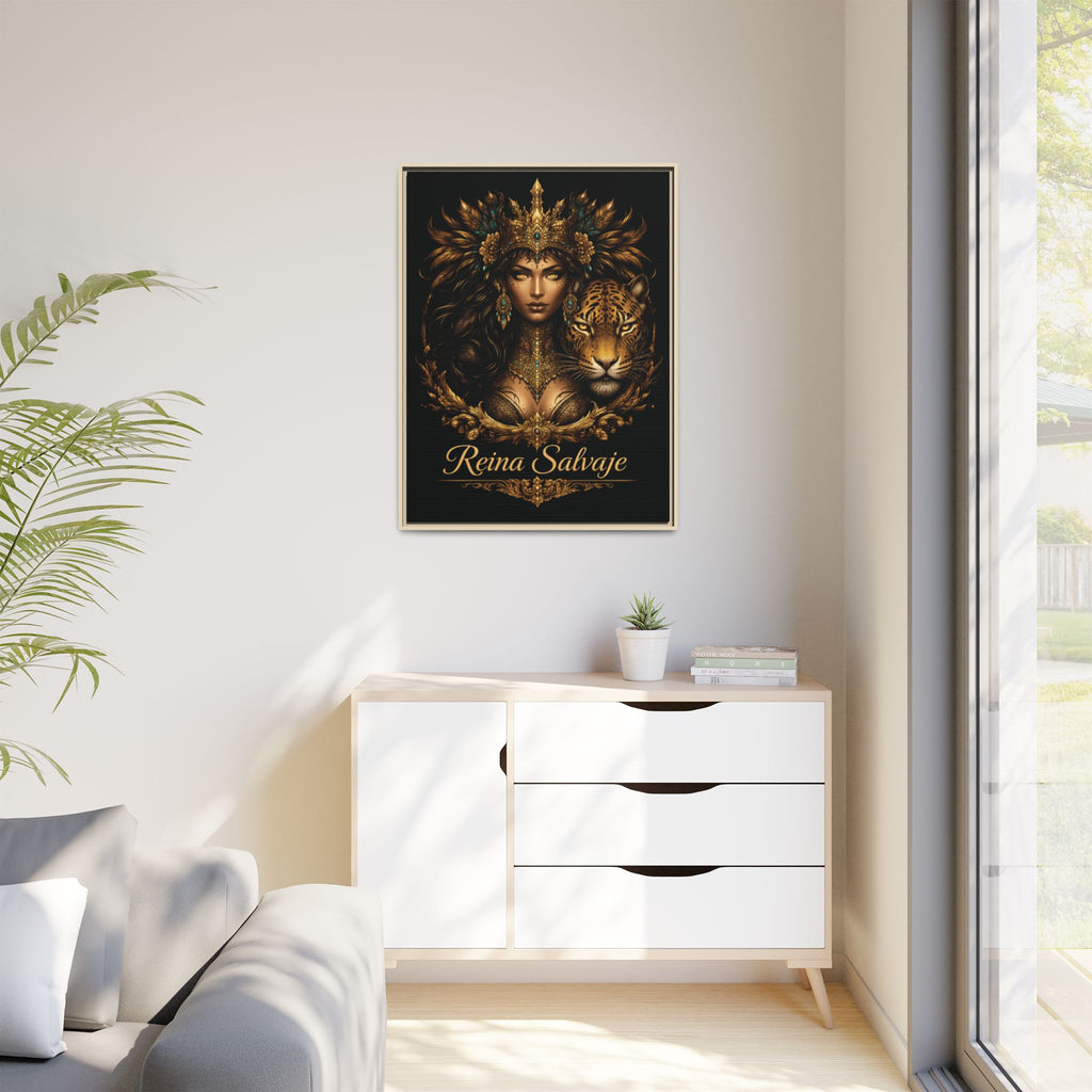 Reina Salvaje Matte Framed Canvas Art — Golden Goddess & Tiger Wall Decor