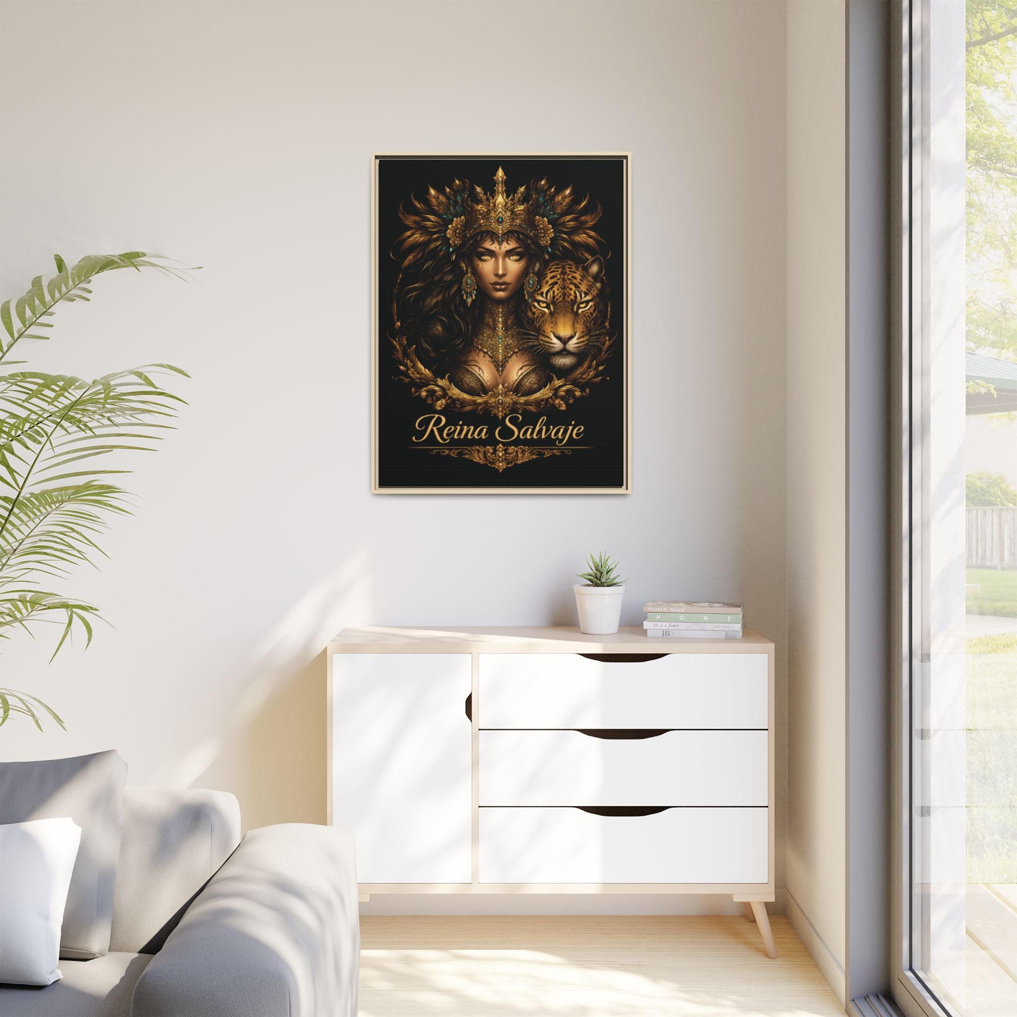 Reina Salvaje Matte Framed Canvas Art — Golden Goddess & Tiger Wall Decor