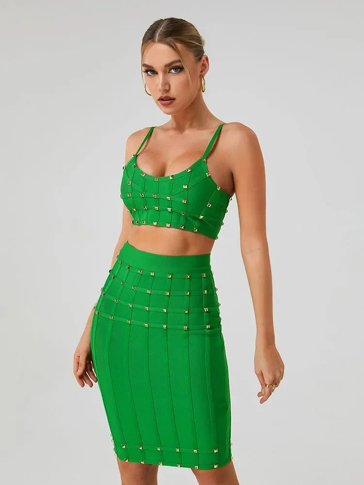 Blue Rivet Bandage Skirt Set