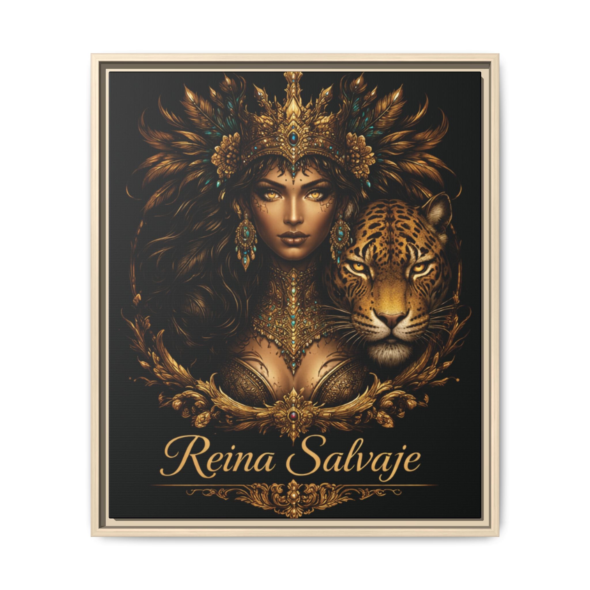 Reina Salvaje Matte Framed Canvas Art — Golden Goddess & Tiger Wall Decor