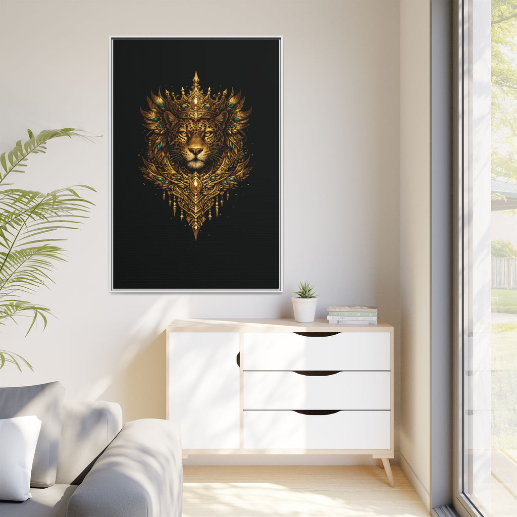 Golden Crowned Jaguar Canvas Art — Gold Crowned Lion Matte Framed Print