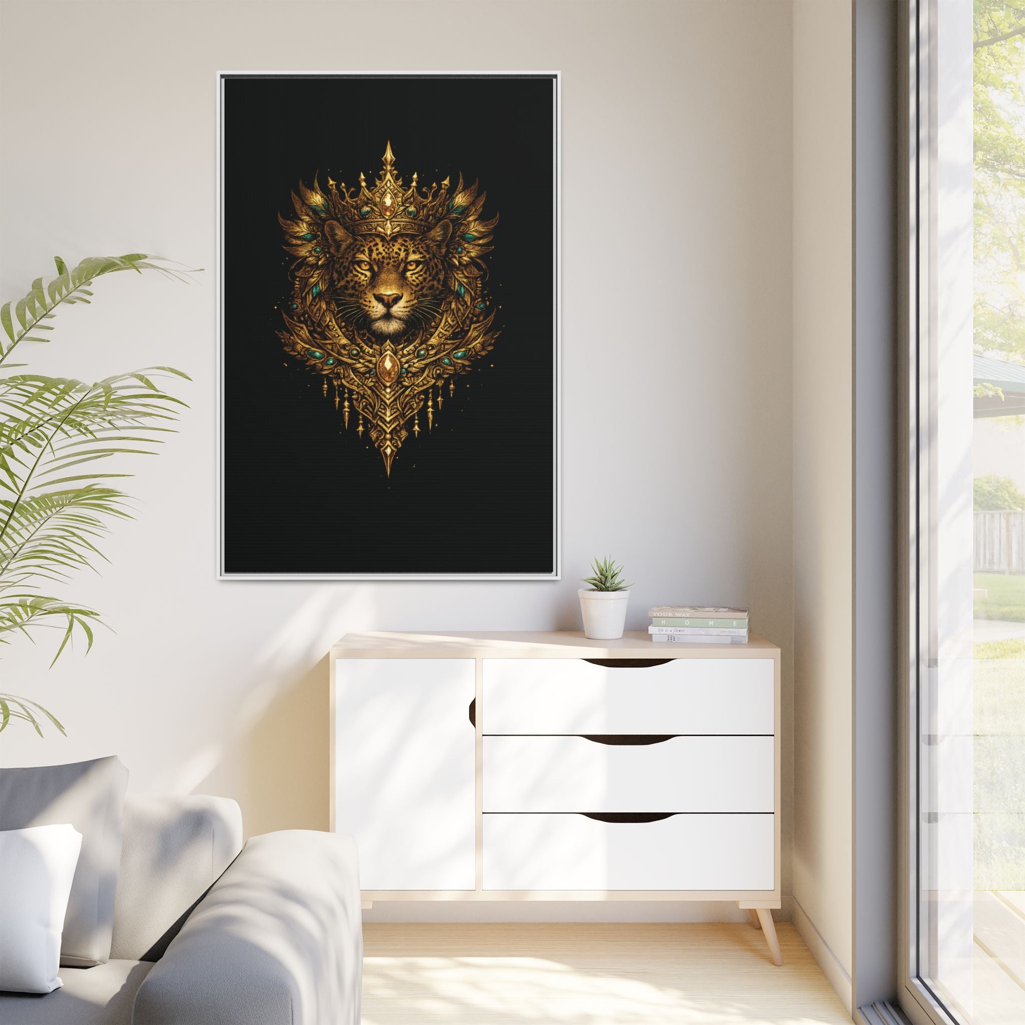 Golden Crowned Jaguar Canvas Art — Gold Crowned Lion Matte Framed Print