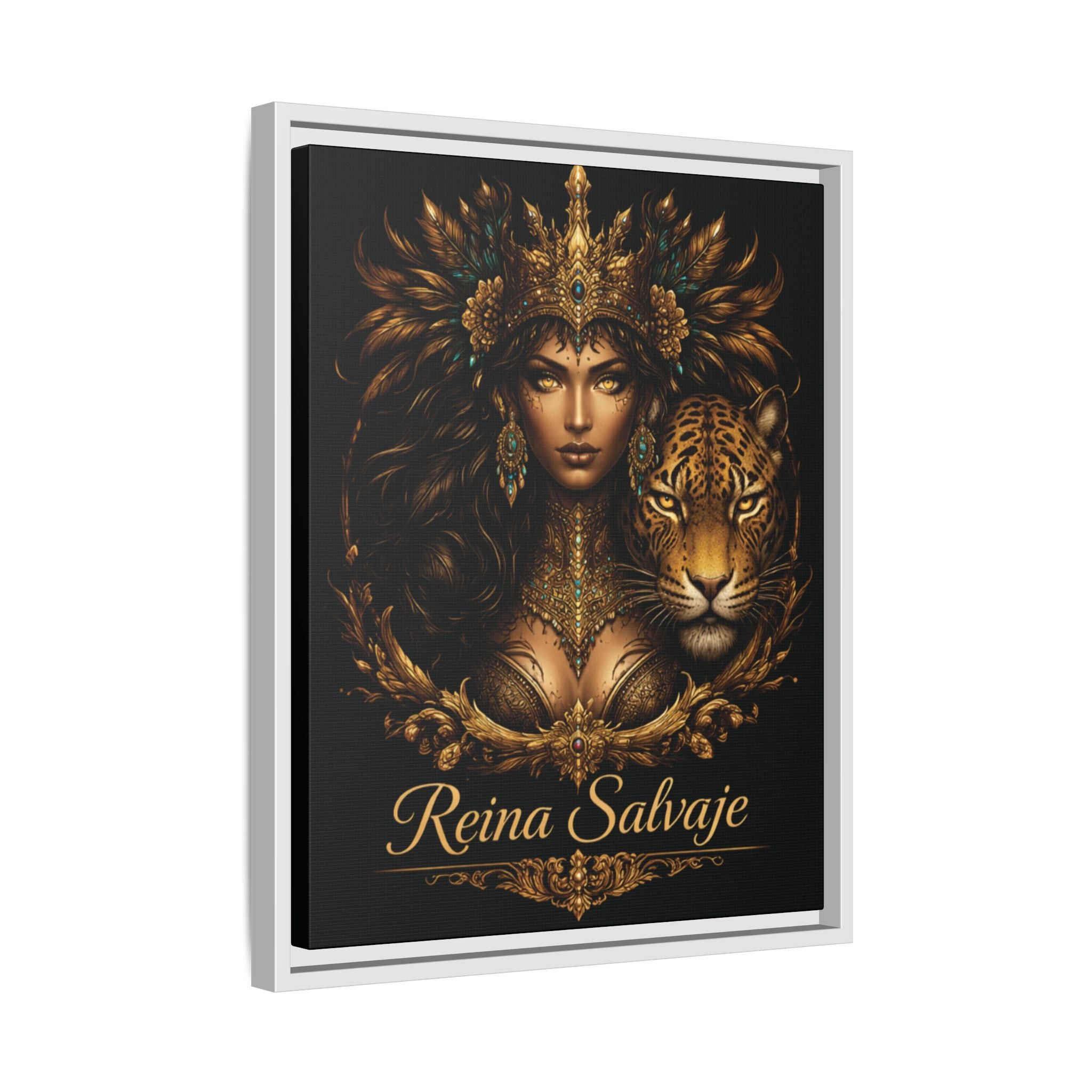Reina Salvaje Matte Framed Canvas Art — Golden Goddess & Tiger Wall Decor