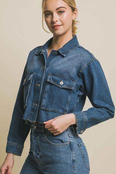 Love Tree Raw Hem Button Up Cropped Denim Jacket for Women
