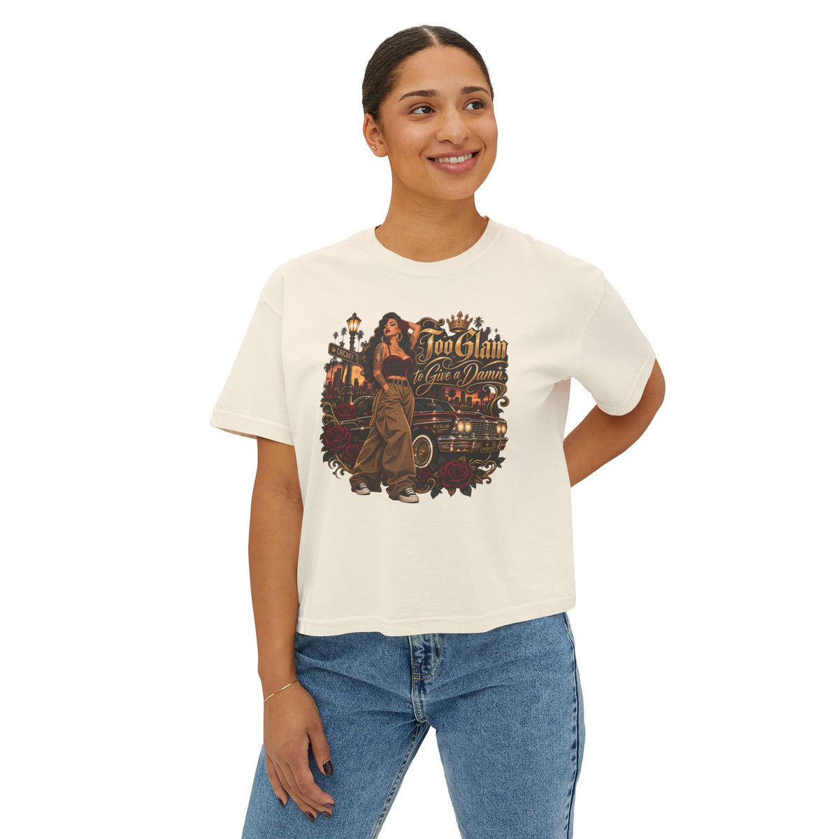 Chola Lux – Too Glam to Give a Damn | Women's Boxy Tee
